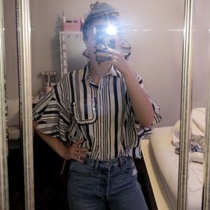 button up white and black stripped blouse!